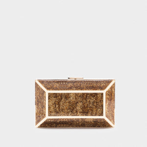 YLIANA YEPEZ minaudire Gold rectangular clutch bag on a light gray background