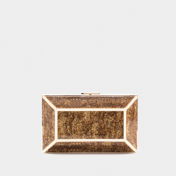 YLIANA YEPEZ minaudire Gold rectangular clutch bag on a light gray background