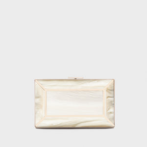 YLIANA YEPEZ Minaudiere. Rectangular clutch with gold frame and beige interior on a white background