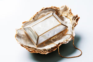 A rectangular glass jewelry box with gold metal framing and a gold chain, displayed inside an open oyster shell on a clean white background.