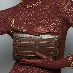 YLIANA YEPEZ Brown crocodile embossed clutch bag